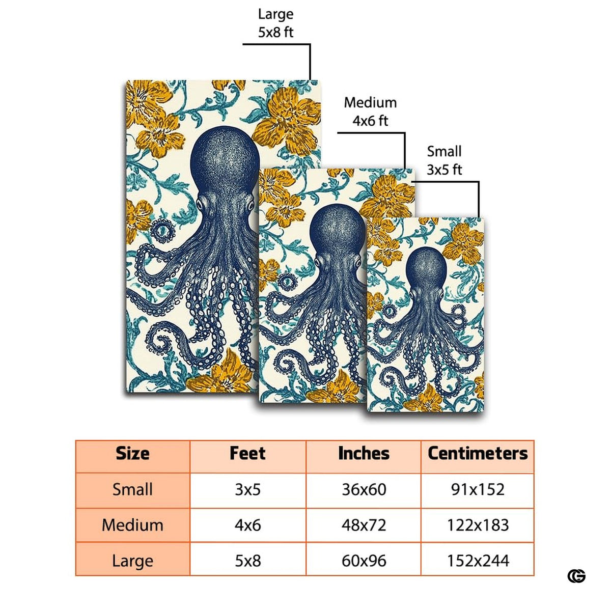 Dimension comparison chart displaying multiple size formats for this blue octopus area rug.