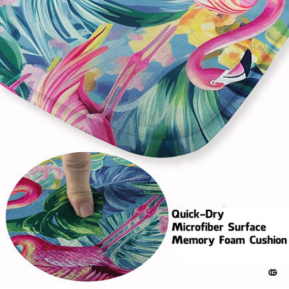 Top-down overhead view of rectangular tropical pink flamingo botanical living room area rug - thumbnail image 7 of 7