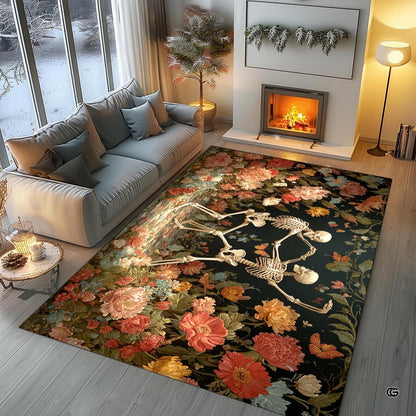 Living room fireplace scene displaying the dancing skeletons floral area rug - thumbnail image 1 of 8