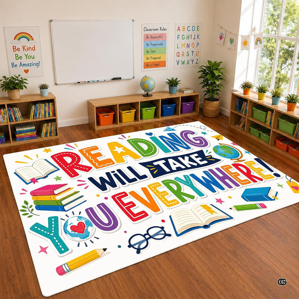 Full flat layout of storybook adventure literacy area rug displaying books, globes, and glasses on white