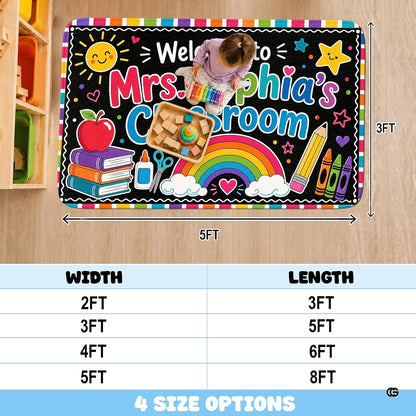 Personalized Teacher Classroom Rug, Custom Back to School Welcome Mat with Name, Kindergarten Preschool Elementary Decor, Composition Notebook Carpet (A09)