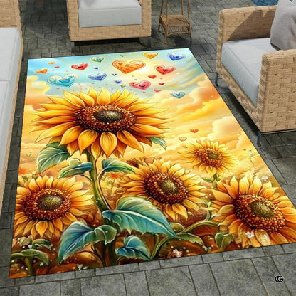 Artistic golden sunflower area rug with blooming floral artwork and painterly teal leaves displayed in a living space. - thumbnail image 1 of 8