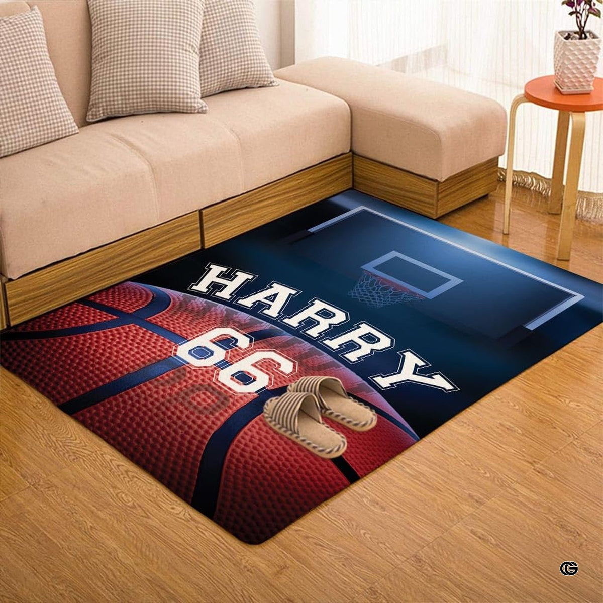 Angled floor view of decorative basketball court sports complex rug beside modern sofa