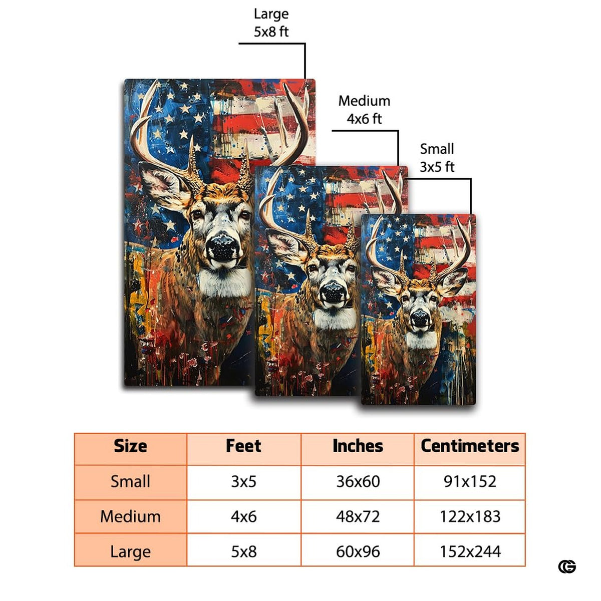 Dimension chart displaying size options for patriotic deer area rug. - image 2 of 7
