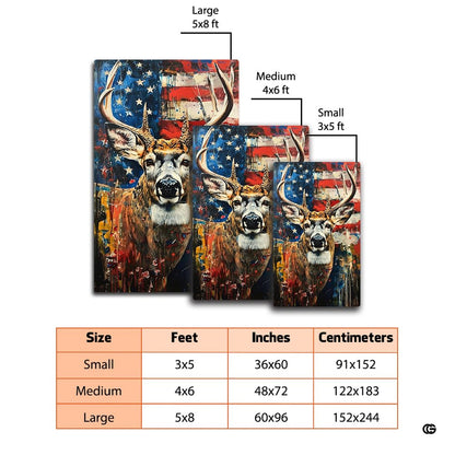 Dimension chart displaying size options for patriotic deer area rug. - thumbnail image 2 of 7