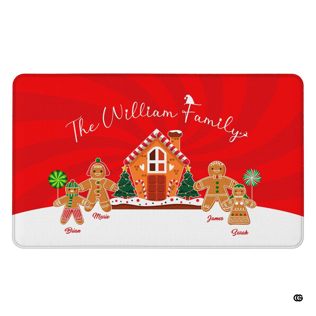 Overhead flat view of rectangular custom gingerbread family Christmas holiday area rug - image 9 of 9