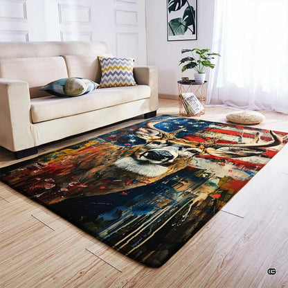 Patriotic deer area rug styled on hardwood flooring in cabin living room. - thumbnail image 4 of 7