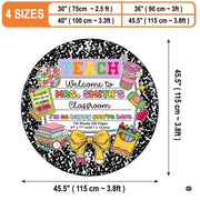 Round comic book area rug motif with marbled background, alarm clock, and pastel stationery graphics. - thumbnail image 2 of 9