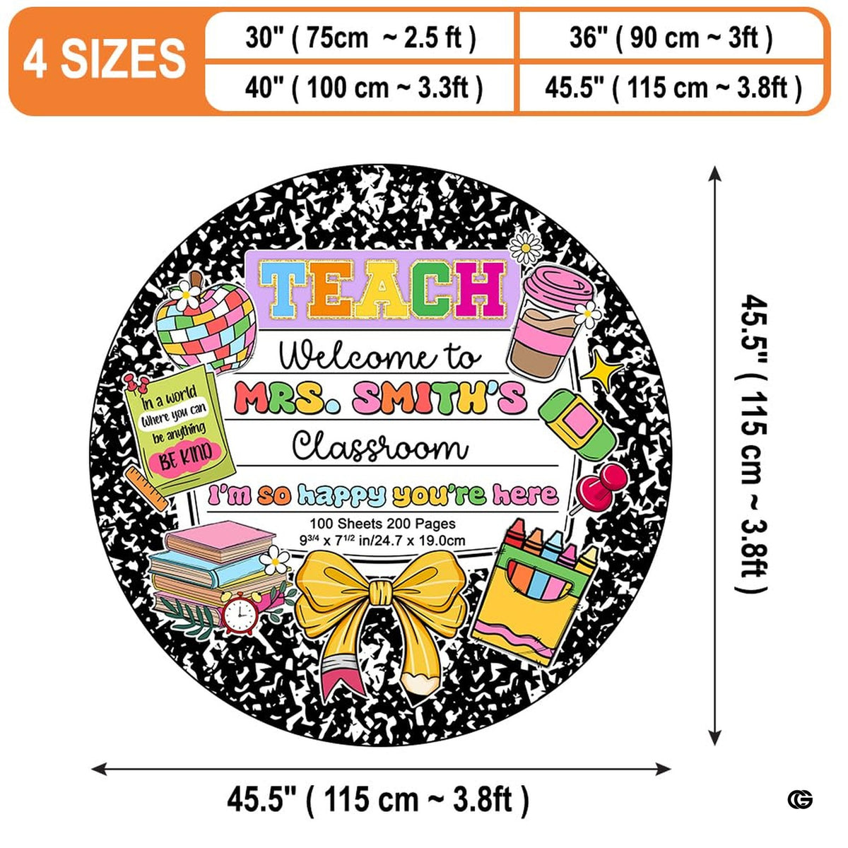 Round comic book area rug motif with marbled background, alarm clock, and pastel stationery graphics. - image 2 of 9