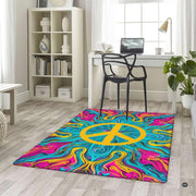 Peace symbol rug placed beneath light contemporary furniture accentuating bold colorful floor decor. - thumbnail image 5 of 5