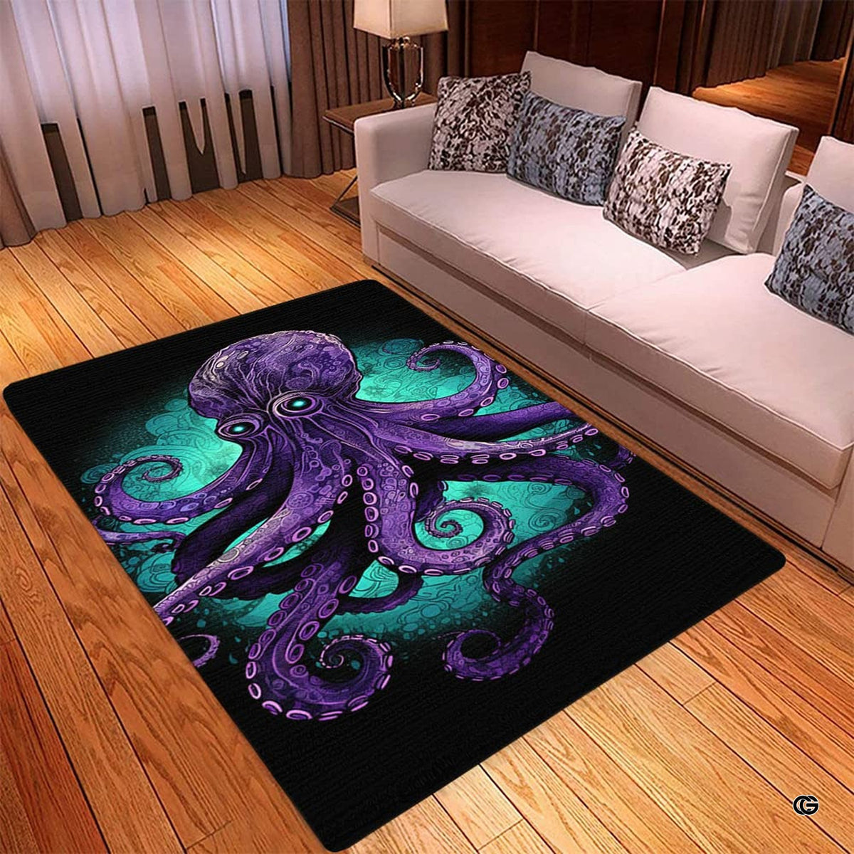 Close up texture detail showing soft pile surface and stitching of octopus area rug. - image 3 of 8