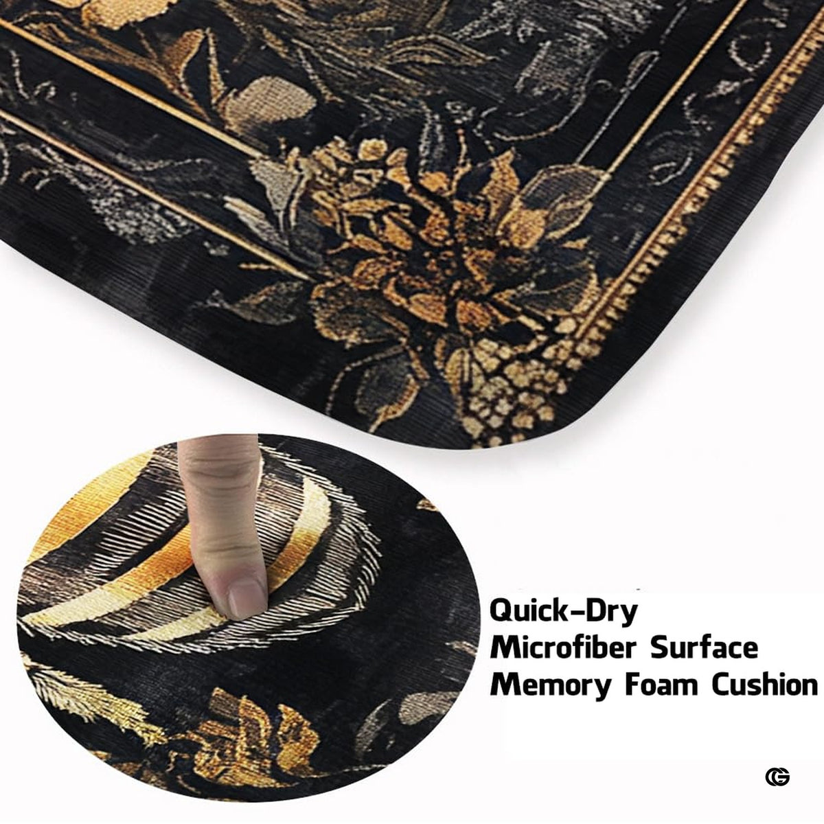 Infographic showing the non-skid dot backing and edge stitching of the botanical rug