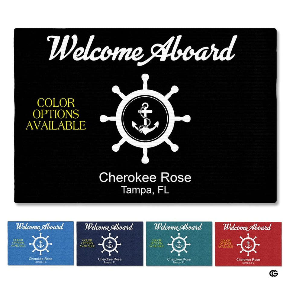 Personalized Nautical Doormat with Boat Name & Location – Custom Anchor Welcome Mat for Fishing Boat, Yacht, or Dock – Outdoor Indoor Floor Rug for Cabin, Ship (Nautical 02)