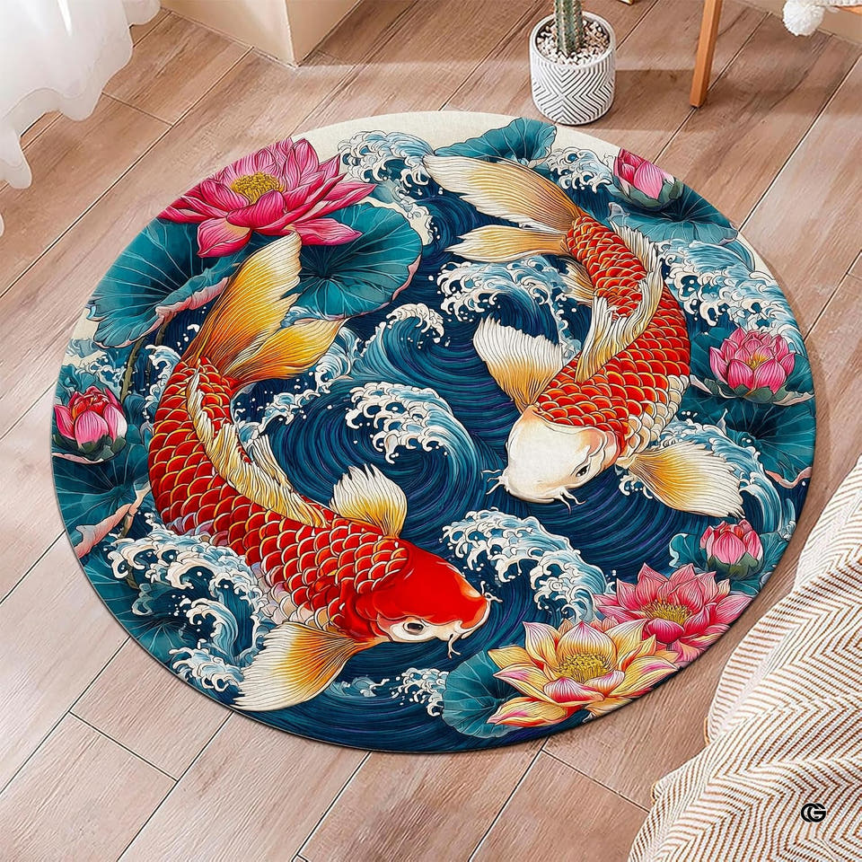 Japanese Koi Round Area Rug displaying circular swimming fish and lotus blossoms on navy background