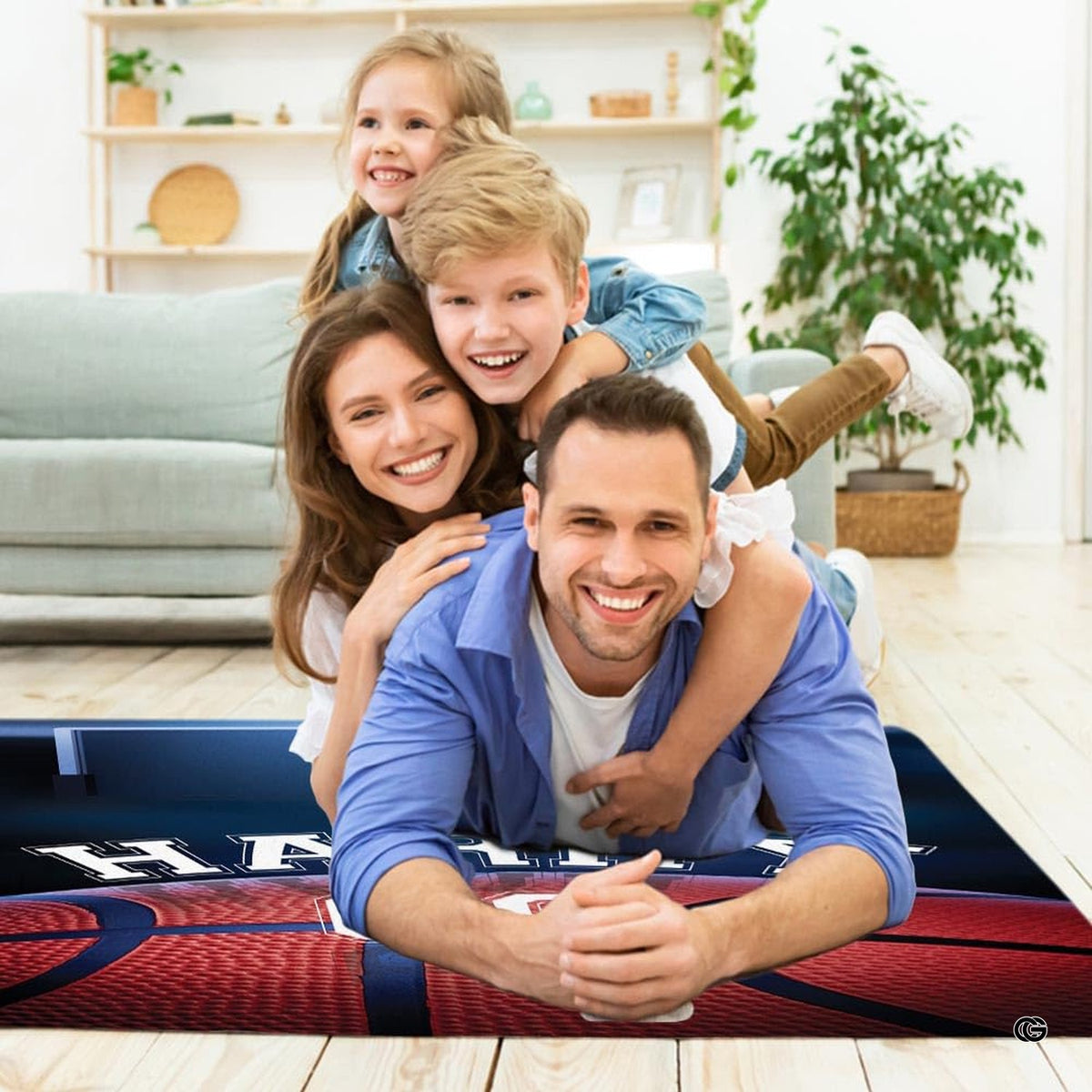 Athletic typography and jersey number print details on basketball sports themed area rug