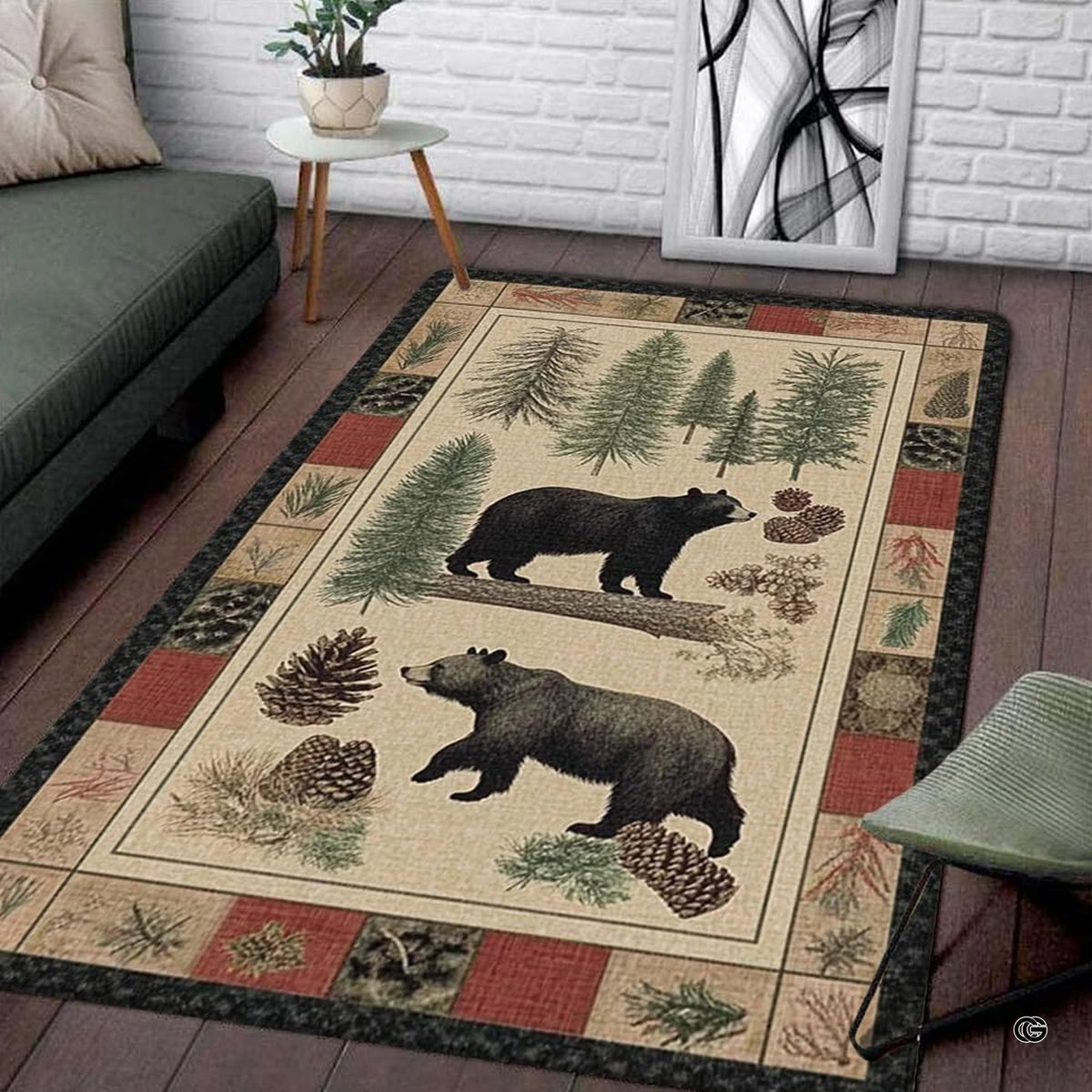Rustic woodland wildlife area rug featuring two black bears, pine trees, and a decorative patchwork border. - image 1 of 5