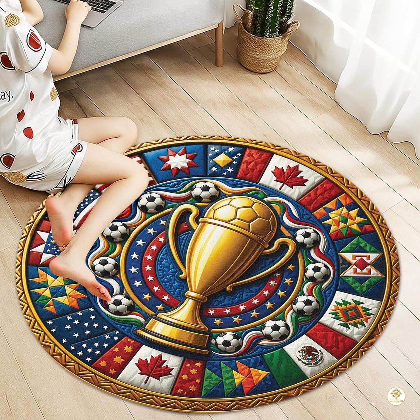 Custom Soccer Championship Round Rug with Trophy and Flag Details