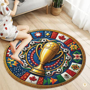 Custom Soccer Championship Round Rug with Trophy and Flag Details