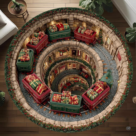 Round Christmas gift train rug with deep spiral railway illusion