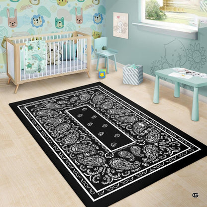 Monochrome bandana pattern rug displayed under natural room lighting. - thumbnail image 6 of 9