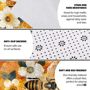 Infographic showing the non-skid dot backing and edge stitching of the botanical rug - thumbnail image 4 of 8