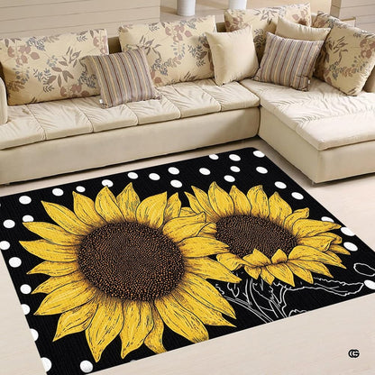 Vibrant sunflower floral floor rug featuring golden blossoms and polka dots on a solid black backdrop. - thumbnail image 1 of 7