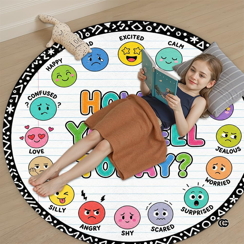 Wheel of Feelings and Emotions Round Rug, Educational Mental Health Rug for Classroom, Educational Animal Shape School Mat, Back to School Gift (Emotion 3)