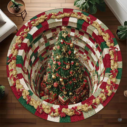 Christmas tree pit vortex optical illusion round area rug on hardwood flooring with golden garland rim.