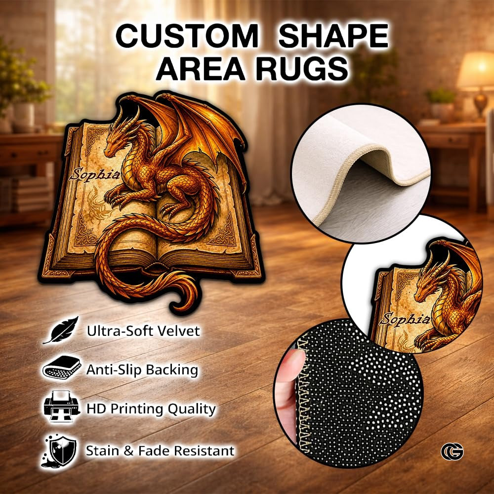 Custom Dragon Shaped Area Rug, Personalized Library Western Dragon Shaped Floor Mat Book Rug, Non-Slip Reading Room Carpet for Living Room, Bedroom, Dorm, Kids Room, Fans Lover (D4)