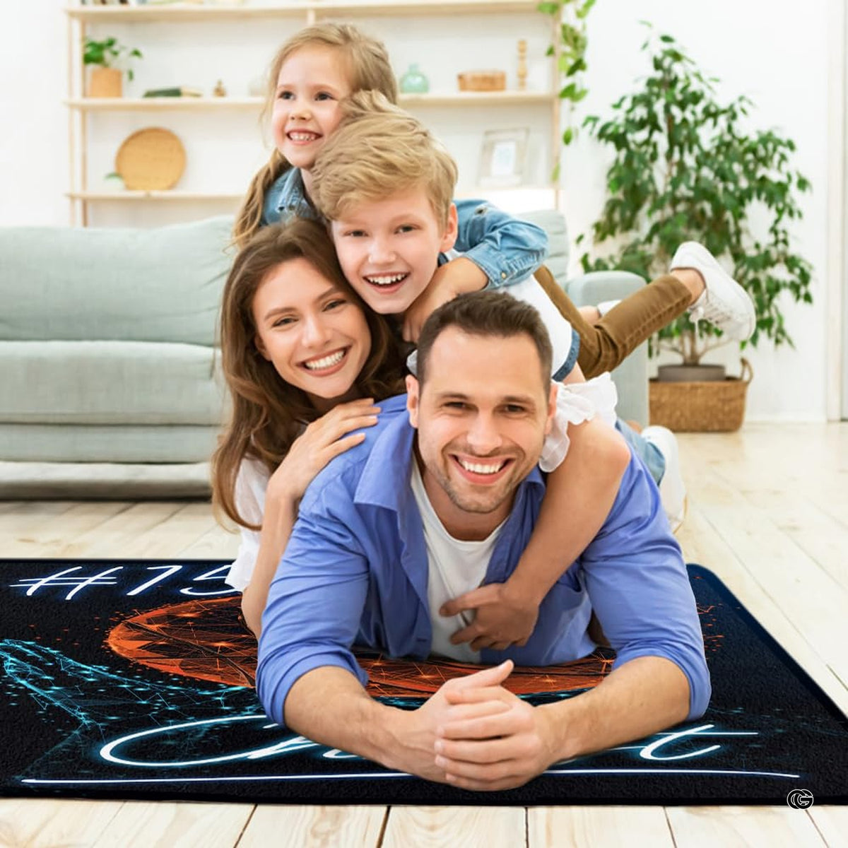 Lifestyle scene featuring family lounging on neon basketball sports area rug.