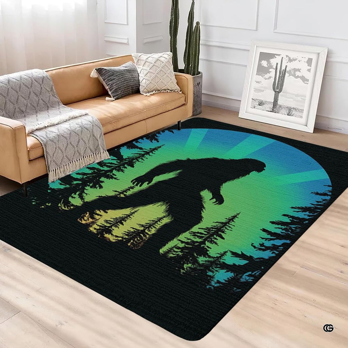 Close-up perspective of the vivid teal, cyan, lime green, and yellow sunburst beams on the black graphic rug. - image 2 of 5