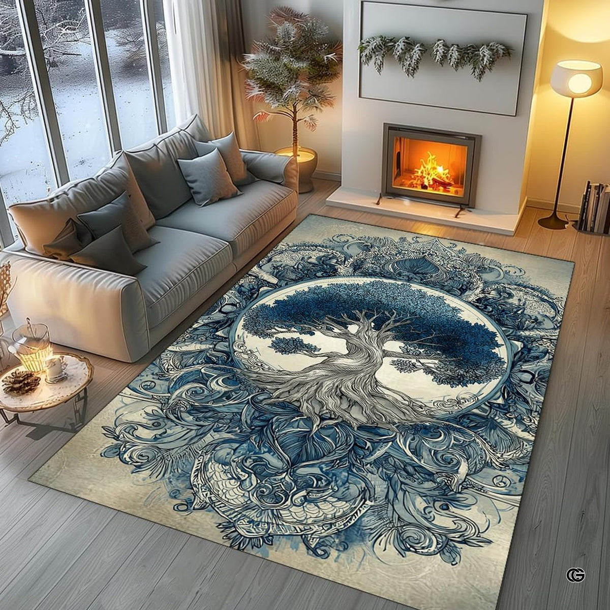 Overhead floor layout view of the vintage indigo Celtic Tree of Life mandala area rug