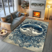 Overhead floor layout view of the vintage indigo Celtic Tree of Life mandala area rug - thumbnail image 7 of 8