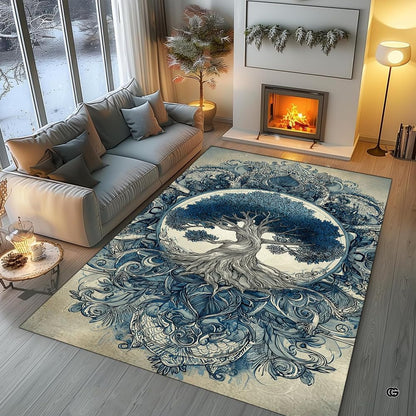 Overhead floor layout view of the vintage indigo Celtic Tree of Life mandala area rug - thumbnail image 7 of 8