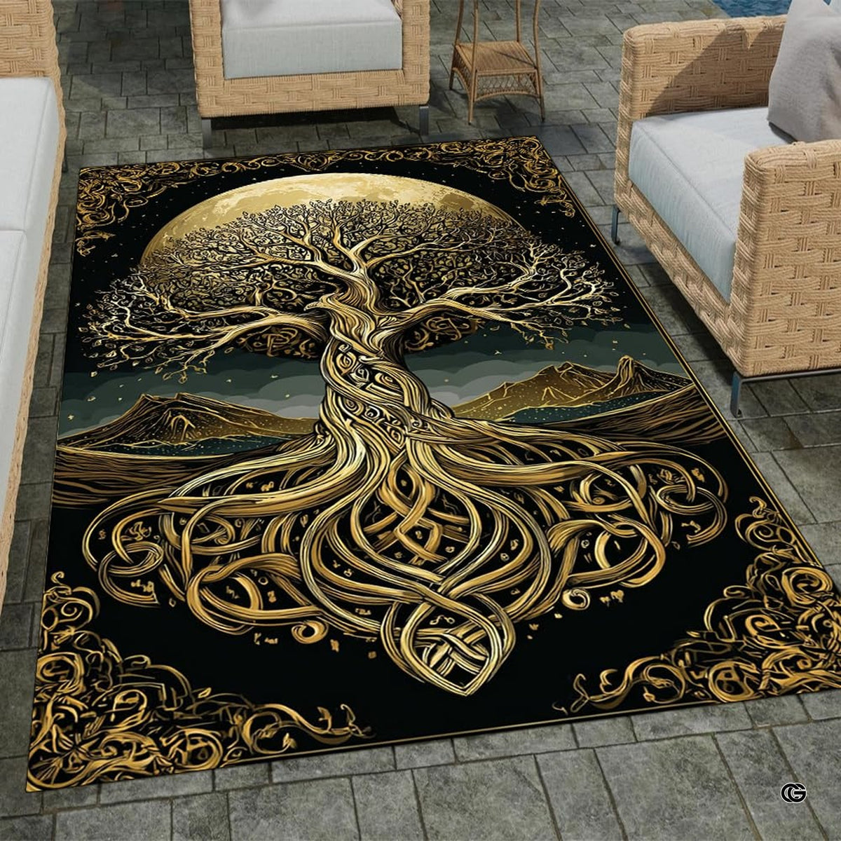 Celtic tree of life symbol area rug featuring gold linework and glowing moon on black backdrop. - image 1 of 8