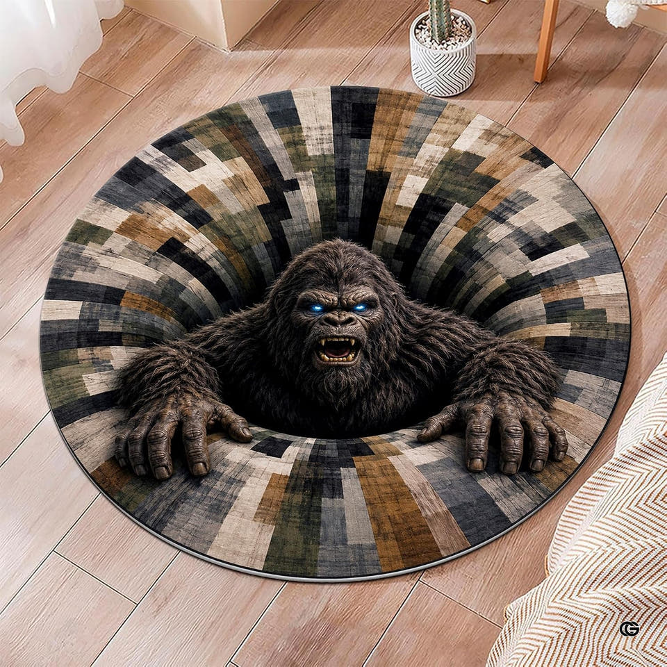 3D optical illusion Bigfoot vortex tunnel circular area rug in primary perspective