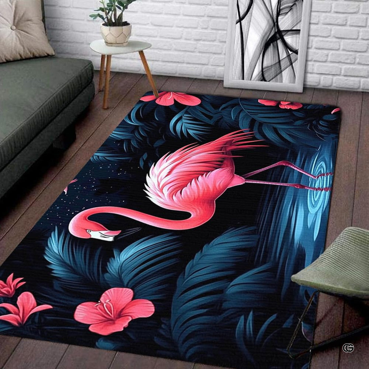 Dimensions and sizing chart for midnight tropical pink flamingo hibiscus area rug