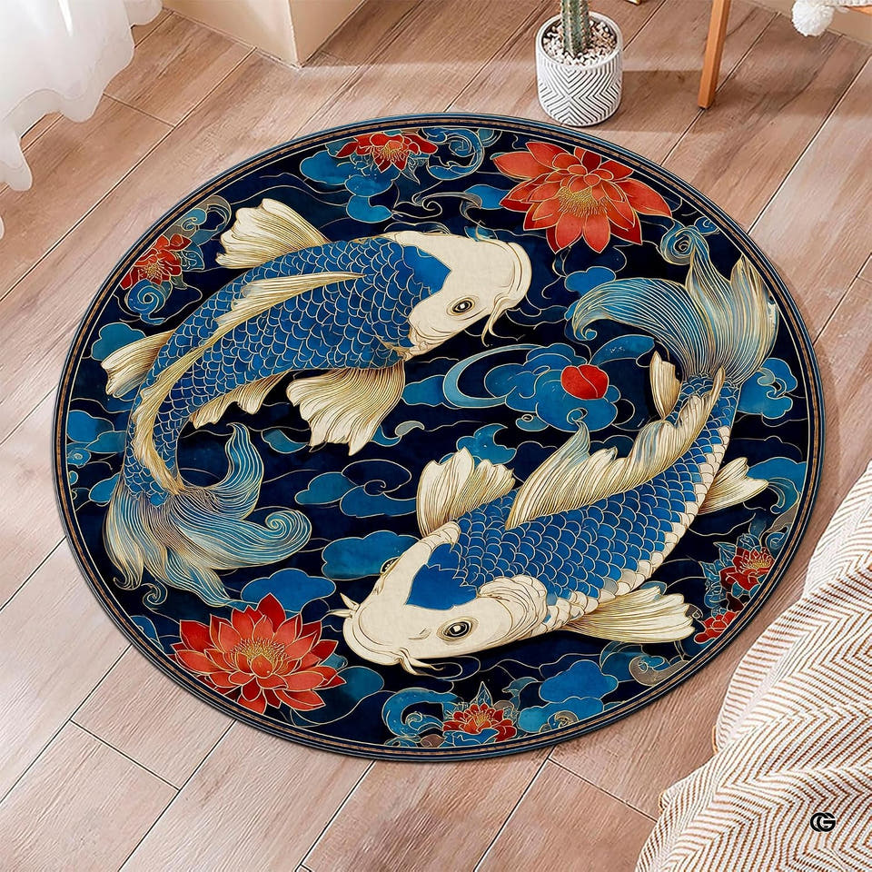 Top view of Japanese koi pond round area rug with swimming carp and blooming red lotus blossoms on dark blue water.