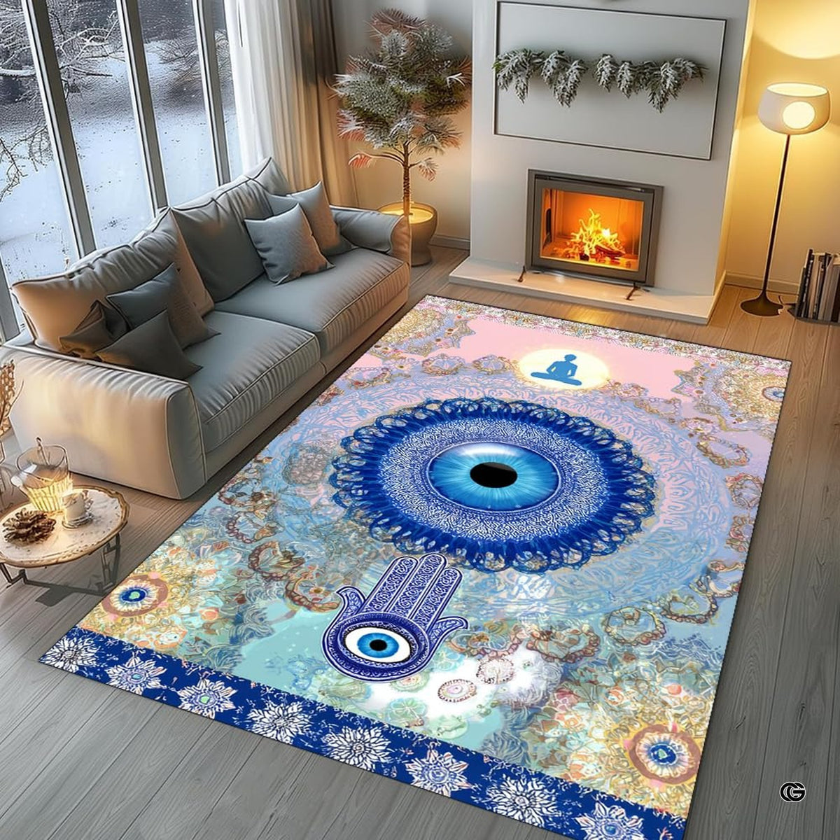 Serene yoga studio sanctuary floor accented with meditating silhouette and evil eye mandala area rug.
