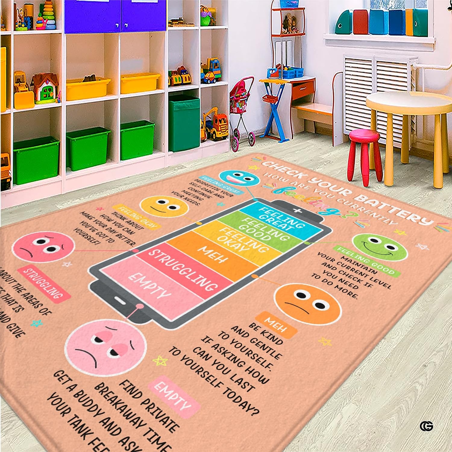 Personalized Calming Corner Rug for Classroom, Custom Teacher Name Reading Corner Rug, Emotions Feelings Carpet, Soft Fluffy Calm Corner Decor for School Reading Nook (Battery Theme)