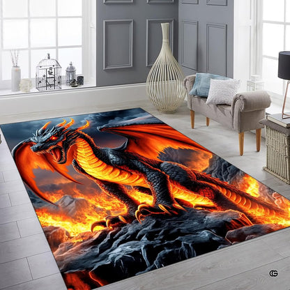 Side angle of mythical beast rug art paired with modern slate decor. - thumbnail image 6 of 8