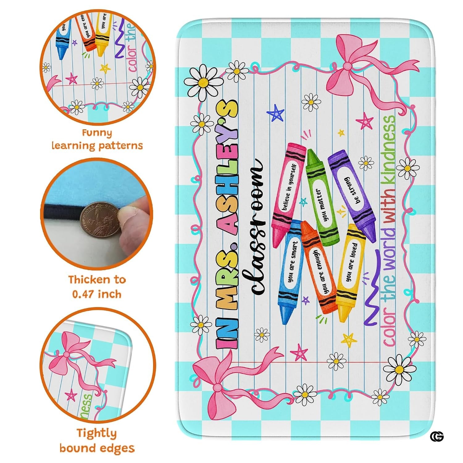 Personalized Teacher Classroom Rug, Custom Back to School Welcome Mat with Name, Kindergarten Preschool Elementary Decor, Composition Notebook Carpet (A06)