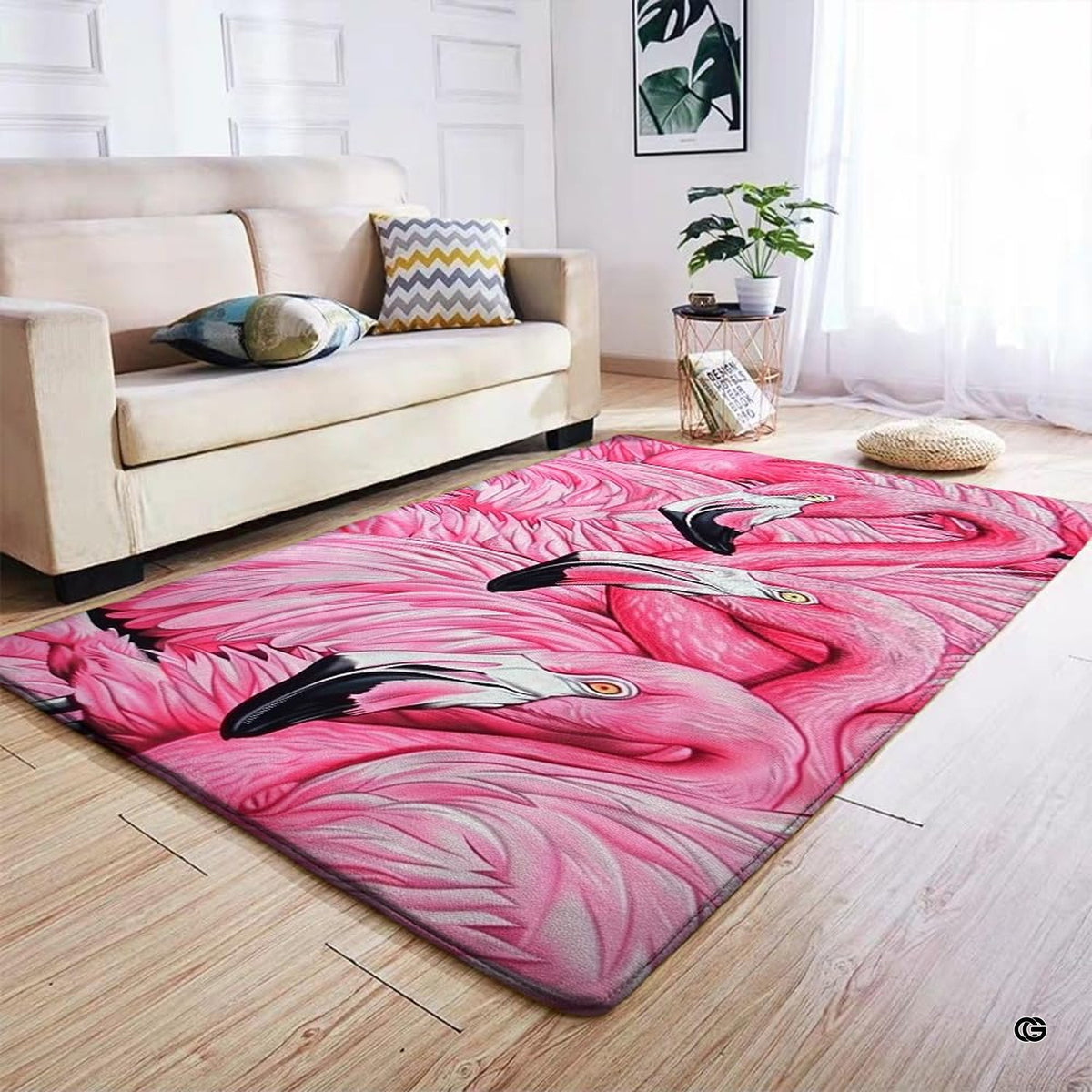 Non-slip grip backing and bound edge stitching on pink flamingo trio area rug - image 4 of 7