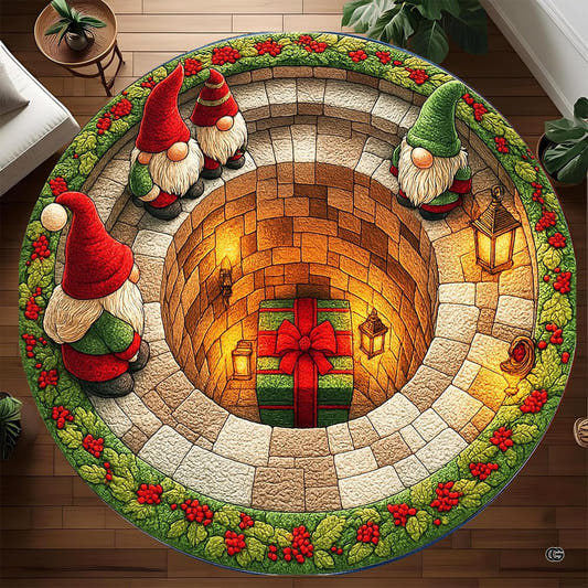 Round Christmas gnome rug with glowing brick well and wrapped gift illusion
