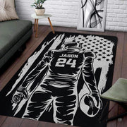 Living room floor setting featuring a patriotic football player American flag athletic area rug - thumbnail image 1 of 7