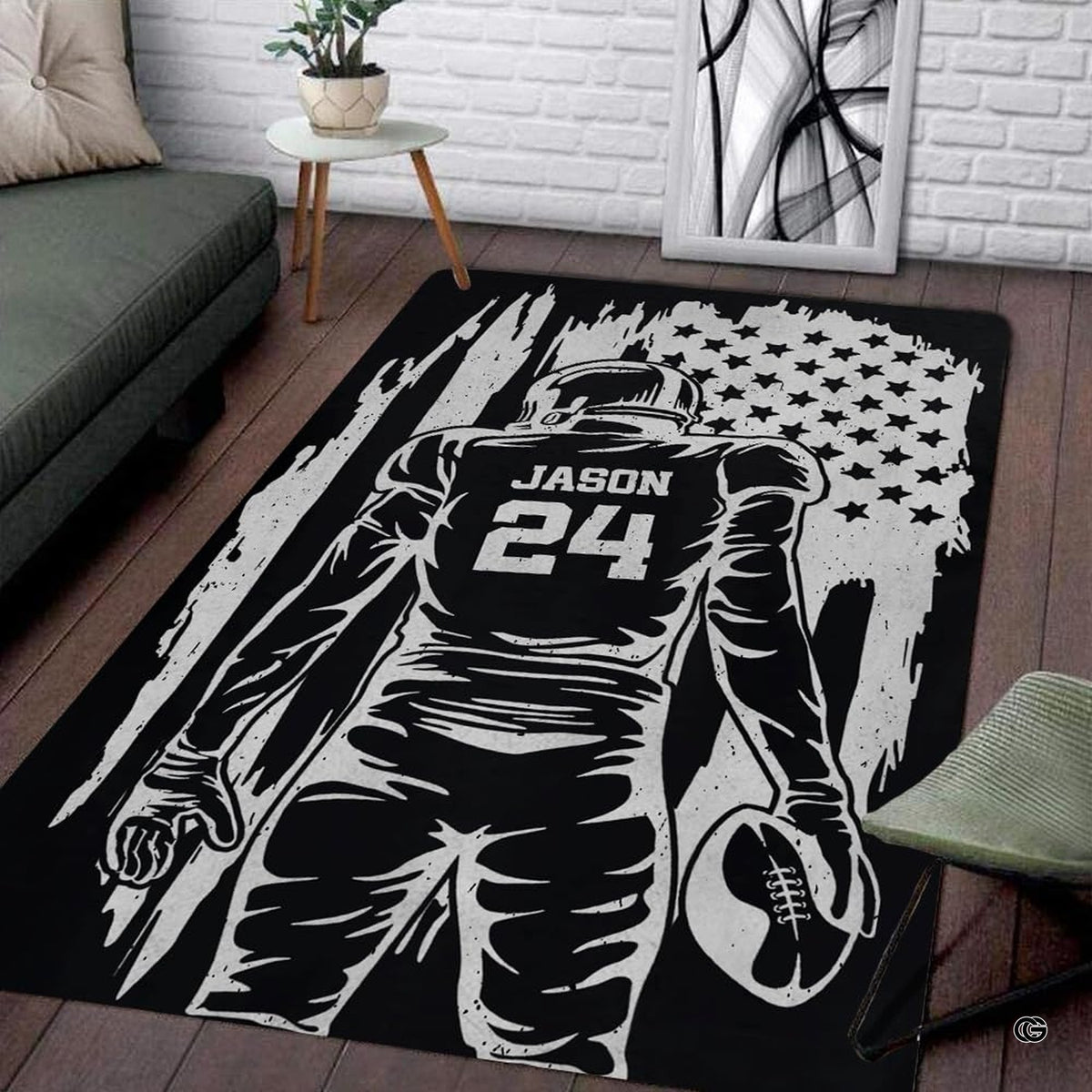 Living room floor setting featuring a patriotic football player American flag athletic area rug - image 1 of 7