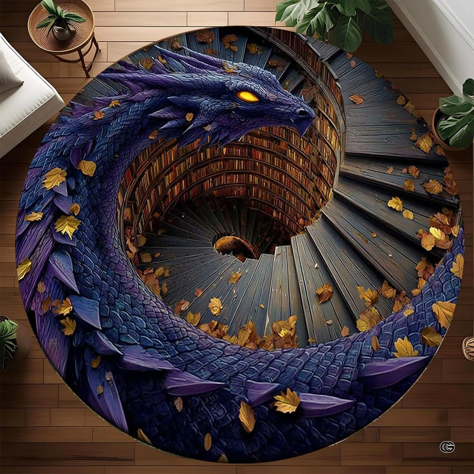 Mythical purple dragon spiral library circular area rug in top overhead view