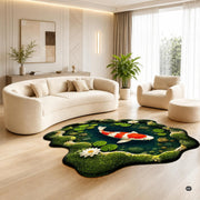 Custom Japanese Koi Fish Shaped Area Rug, Personalized 3D Optical Illusion Koi Pond Lotus Non Slip Washable Shaped Floor Mat, Fish Pond Rugs for Bedroom Living Room Decor (1, D1)