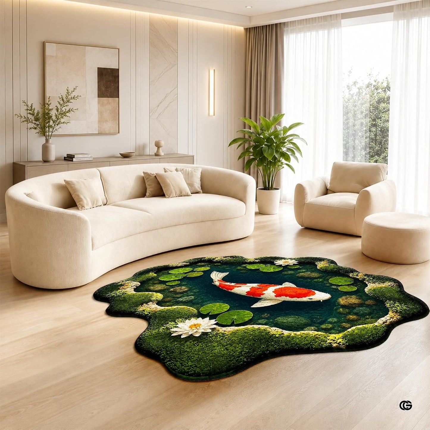 Custom Japanese Koi Fish Shaped Area Rug, Personalized 3D Optical Illusion Koi Pond Lotus Non Slip Washable Shaped Floor Mat, Fish Pond Rugs for Bedroom Living Room Decor (1, D1)
