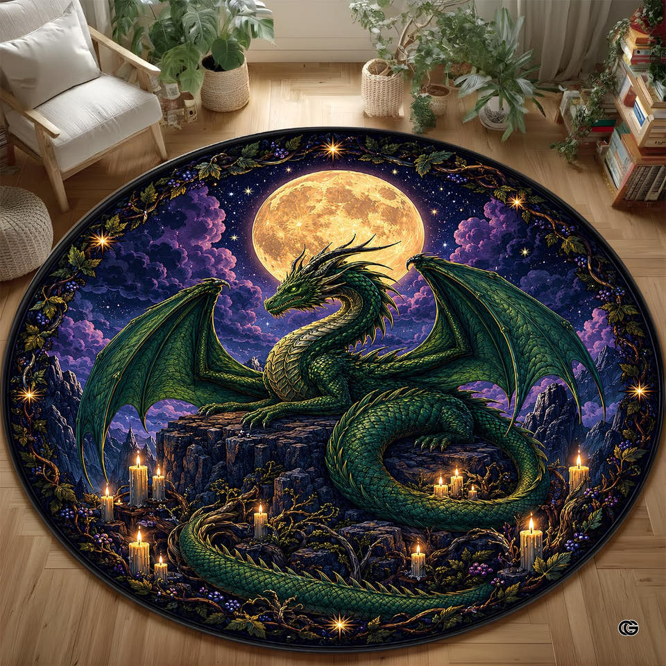 Round green dragon rug beneath a full moon and candles